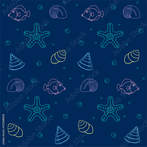Seamless pattern - marine inhabitants on a classic blue background. Linear multicolored shells, fish, starfish and bulbs - vector seamless ocean background.