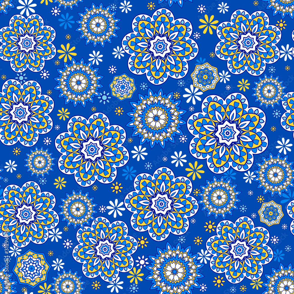 Seamless ornamental oriental pattern. Repeating geometric tiles with mandala. Vector laced decorative background with floral and geometric ornament. Indian or Arabic motive. Boho festival style