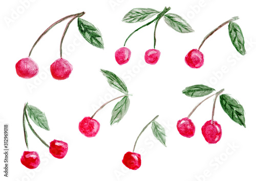 Set of seven watercolor illustrations of ripe cherry fruits isolated on a white background. Cute cartoon clipart, design element for summer or healthy food, healthy eating concept, vitamins