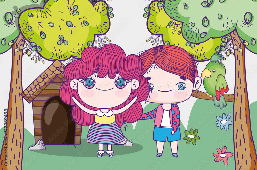 kids, little girl and boy anime cartoon house trees flowers and parrot Stock Vector | Adobe Stock kids, little girl and boy anime cartoon house trees flowers and parrot Stock Vector | Adobe Stock