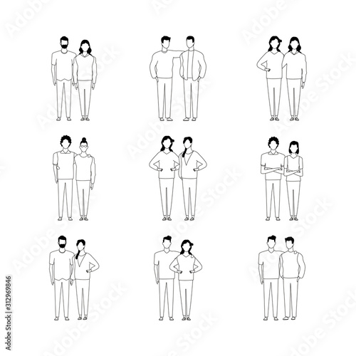 icon set of avatar couple of people standing wearing casual clothes