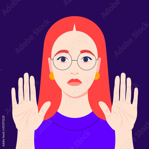 Woman with open palms forward. The redheaded girl is against. Gesture of stop. Negation. Give up. Renouncement. Vector flat illustration