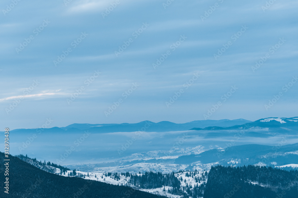 scenic view of snowy mountains with pine trees and cloudy sky