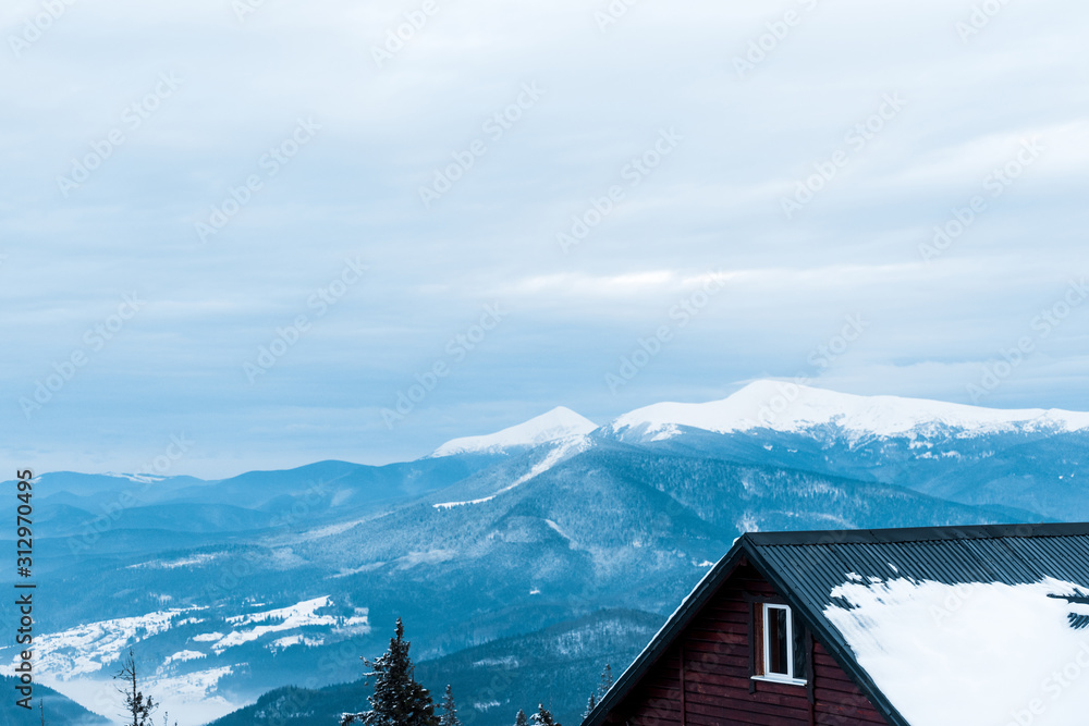 scenic view of snowy mountains with pine trees and wooden house
