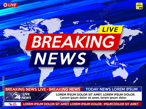 Background screen saver on breaking news. Breaking news live on world map on the blue background.