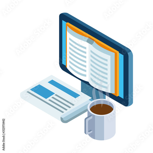 newspaper, coffee mug and computer with book on screen