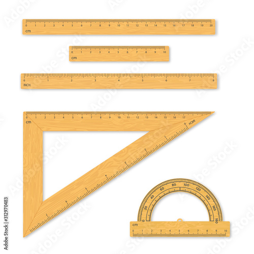 Set of measuring tools. Rulers, triangles, protractor. School wood instruments isolated on white background.