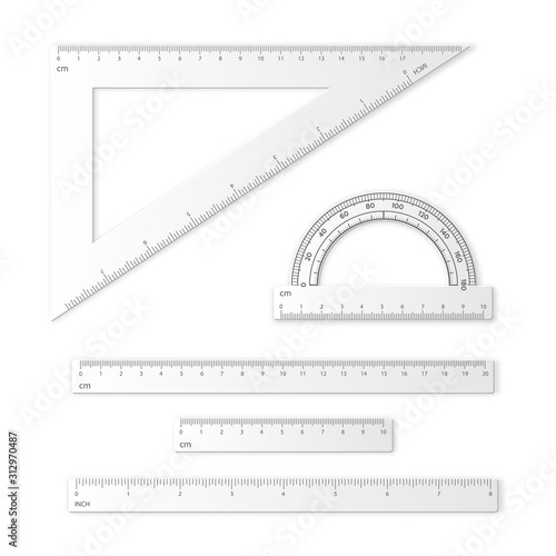Set of measuring tools. Rulers, triangles, protractor. School plastic instruments isolated on white background.