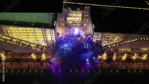 Aerial drone night videoof New Years eve event in famous Cultural Centre and Foundation of Stavros Niarhos in Faliro or Phaliro area, Athens riviera, Attica, Greece photo