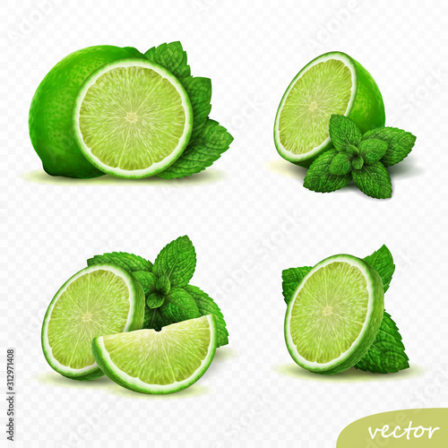 3D realistic vector set of elements lime with mint, whole lime, sliced lime, drop lime oil, leaves
