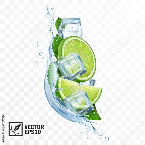 3D realistic transparent vector vertical splash mojito, Ice cubes, mint leaves, water splash and lime