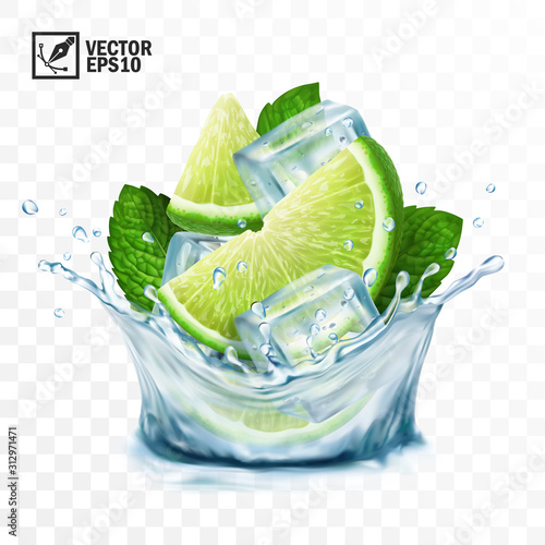 3D realistic transparent vector splash mojito, Ice cubes, mint leaves, water splash and lime