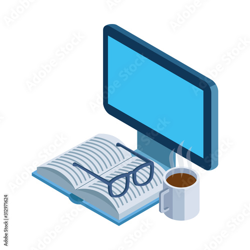 computer, coffee mug and book with glasses
