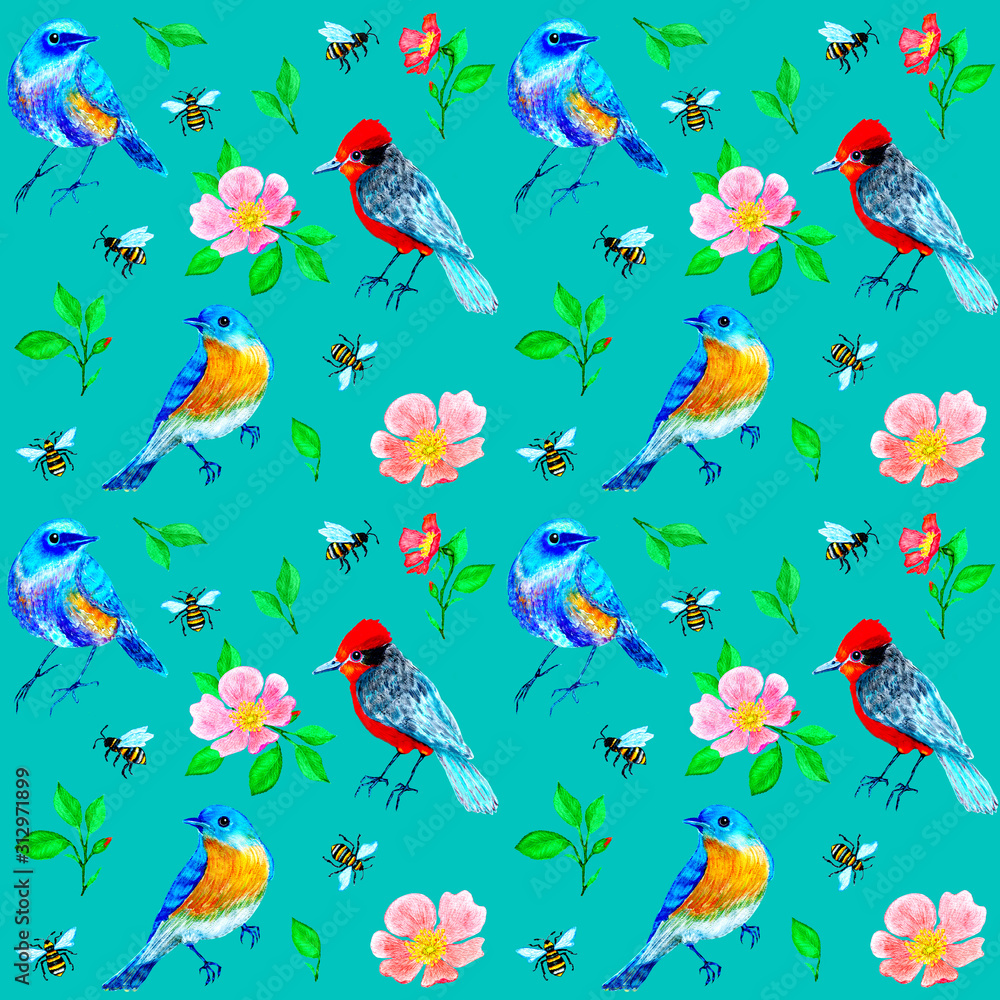 Spring pattern with birds, bees and rose flowers on turquoise background
