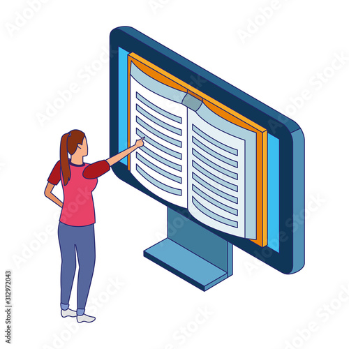 woman pointing a computer with book on screen, colorful design