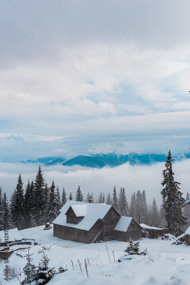 Scenic view of snowy mountain village with pine trees and wooden houses Scenic view of snowy mountain village with pine trees and wooden houses