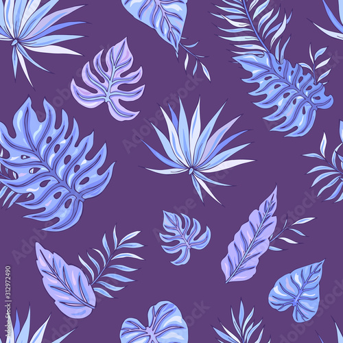 Tropic summer painting seamless pattern with colorful tropical leaves. Tropical botanical Motives. Vector illustration. Summer decoration print for wrapping, wallpaper, fabric.  Описание (на английско