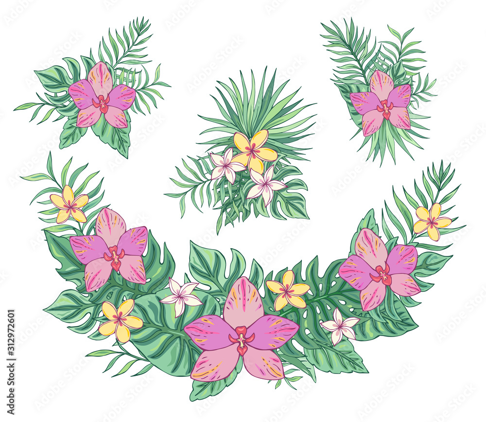 Tropical bouquet with plumeria, orchid and palm leaves. Vector isolated illustration on white background. Exotic set tropical garden for wedding invitations, greeting card and fashion design. Tropical bouquet with plumeria, orchid and palm leaves. Vector isolated illustration on white background. Exotic set tropical garden for wedding invitations, greeting card and fashion design.