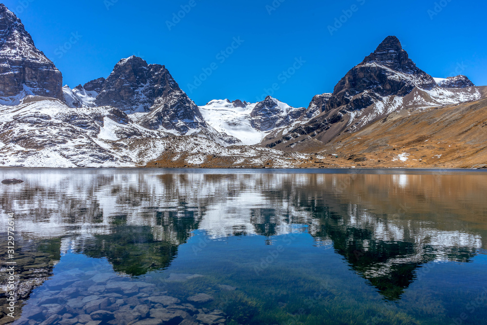 Mountain mirrors in Bolivia during the morning