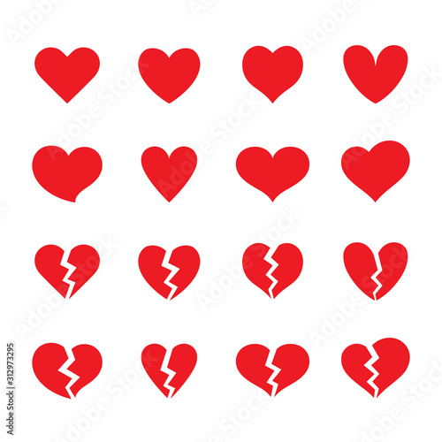 Set of red whole and broken heart shaped symbols. Collection of different romantic vector heart icons for web site, sticker, love logo and Valentines day.