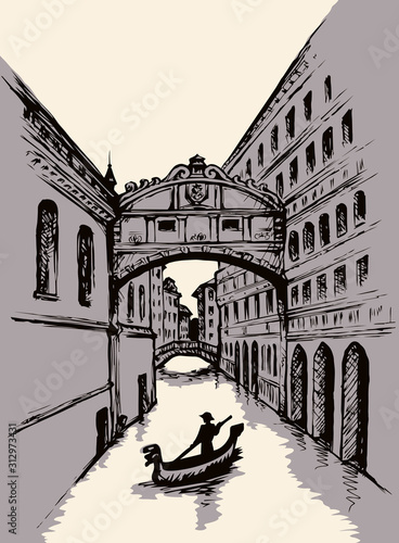 Street canal in Venice. Vector drawing