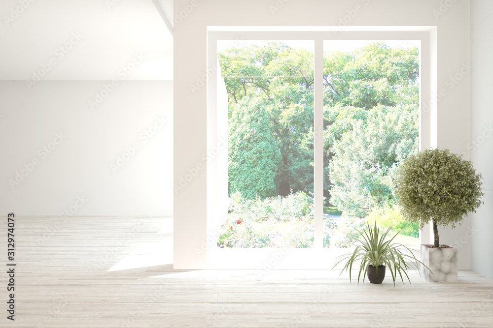 Stylish empty room in white color with summer landscape in window. Scandinavian interior design. 3D illustration Stylish empty room in white color with summer landscape in window. Scandinavian interior design. 3D illustration