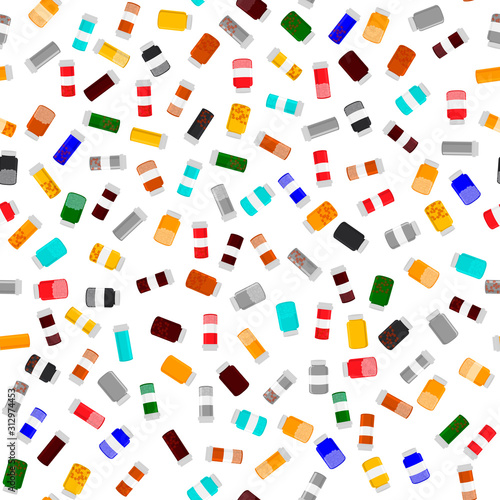 Illustration on theme big colored set different types of pills inside close jar