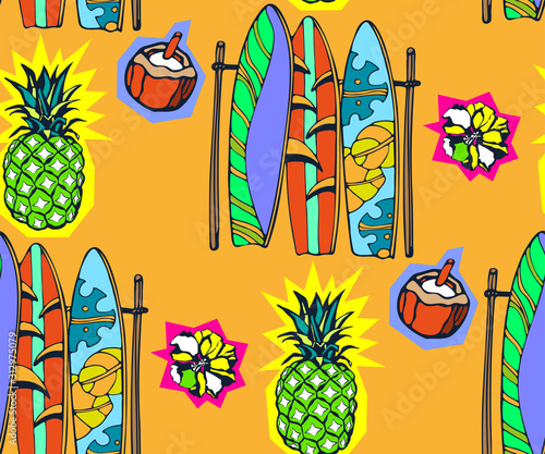 Beach pattern with surfing board. Decorative background. Vector seamless pattern illustration. Print for textile, cloth, wallpaper, scrapbooking