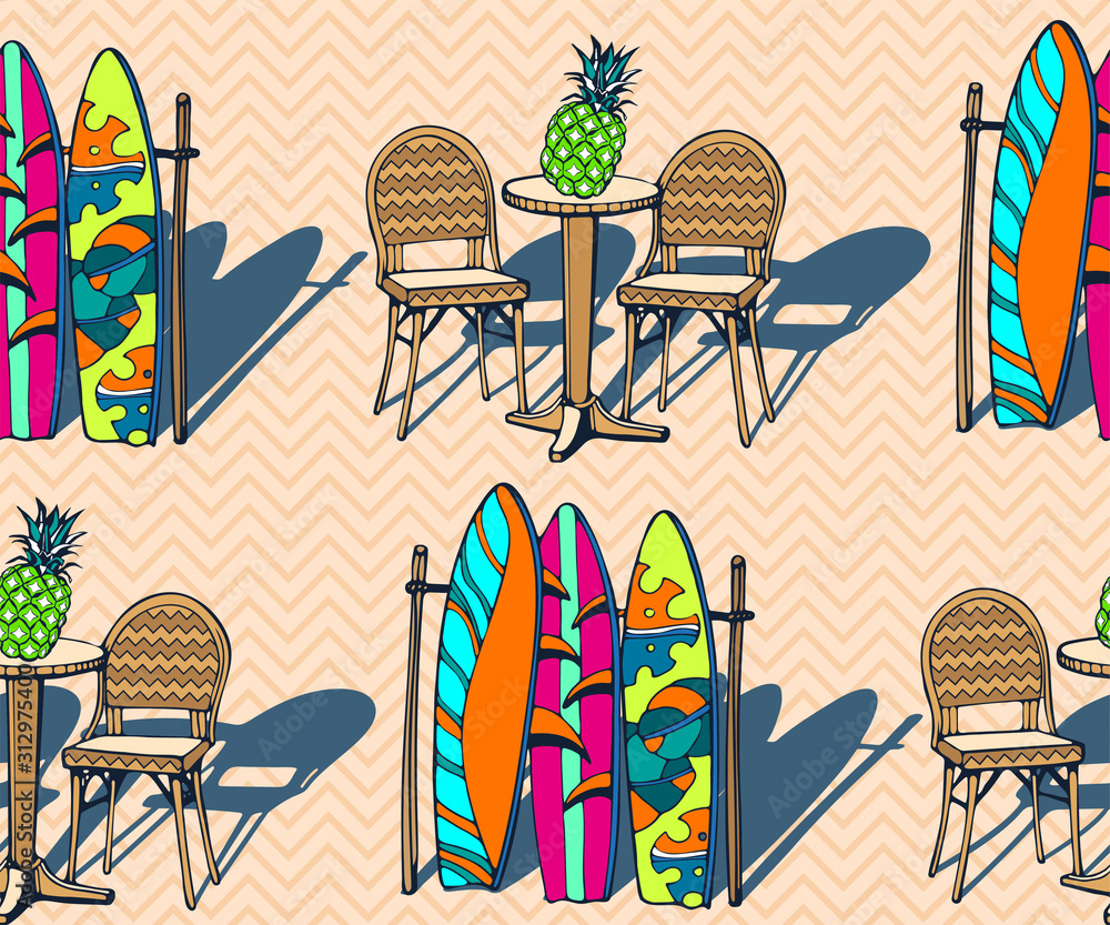 Fototapeta premium Seamless summer beach pattern. Hello Summer, holiday concept. Pop art. Summer holiday. Vector seamless pattern illustration