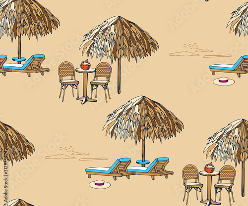 Beach pattern with chair and table. Decorative background. Vector seamless pattern illustration. Print for textile, cloth, wallpaper, scrapbooking