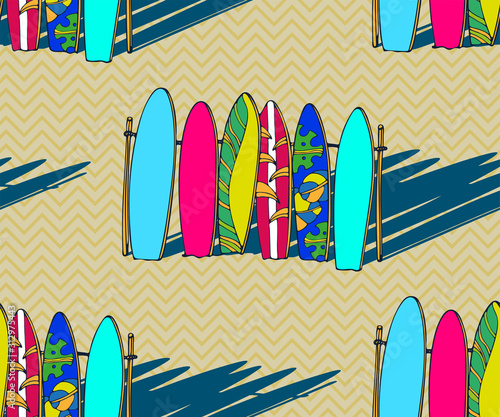 Beach pattern with surfing board. Decorative background. Vector seamless pattern illustration. Print for textile, cloth, wallpaper, scrapbooking