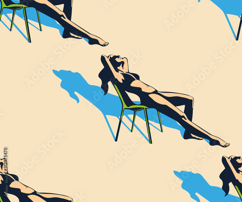 Beautiful woman tanning, with sunglasses, hat, at the beach, retro style. Pop art. Summer holiday. Vector seamless pattern illustration