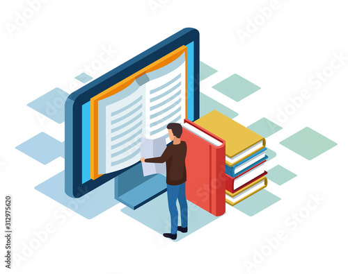 books, computer and man standing, colorful design