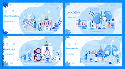 Urologist concept for pyelonephritis, diseases and kidney stones. Pneumonia or pulmonology vector. Ophthalmologist eyesight check up with tiny people.