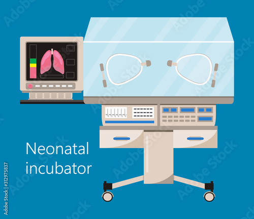 Infant incubator and neonatal intensive care with air temperature humidity oxygen sensor for sick babies. Neurology concept vector. Reanimation equipment for nursing premature