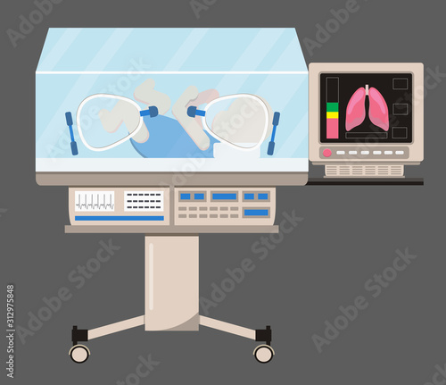 Infant incubator and neonatal intensive care with air temperature humidity oxygen sensor for sick babies. Neurology concept vector. Reanimation equipment for nursing premature