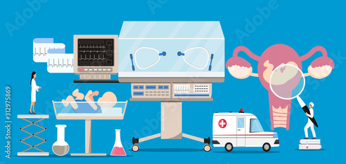 Infant incubator and neonatal intensive care with air temperature humidity oxygen sensor for sick babies. Neurology concept vector. Reanimation equipment for nursing premature