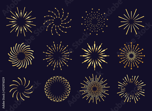 Starburst, firework shadow golden icon vector. Radiating from the center of straight and spiral beams, lines. Set of simple elements for logo, signs. Firework, pyrotechnics