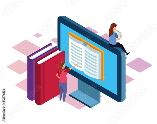 books, computer and women around, colorful design