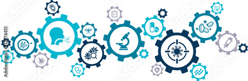 virology / virus research and therapy interconnected icon concept – microbiology research / laboratory diagnostics / disease outbreak: vector illustration