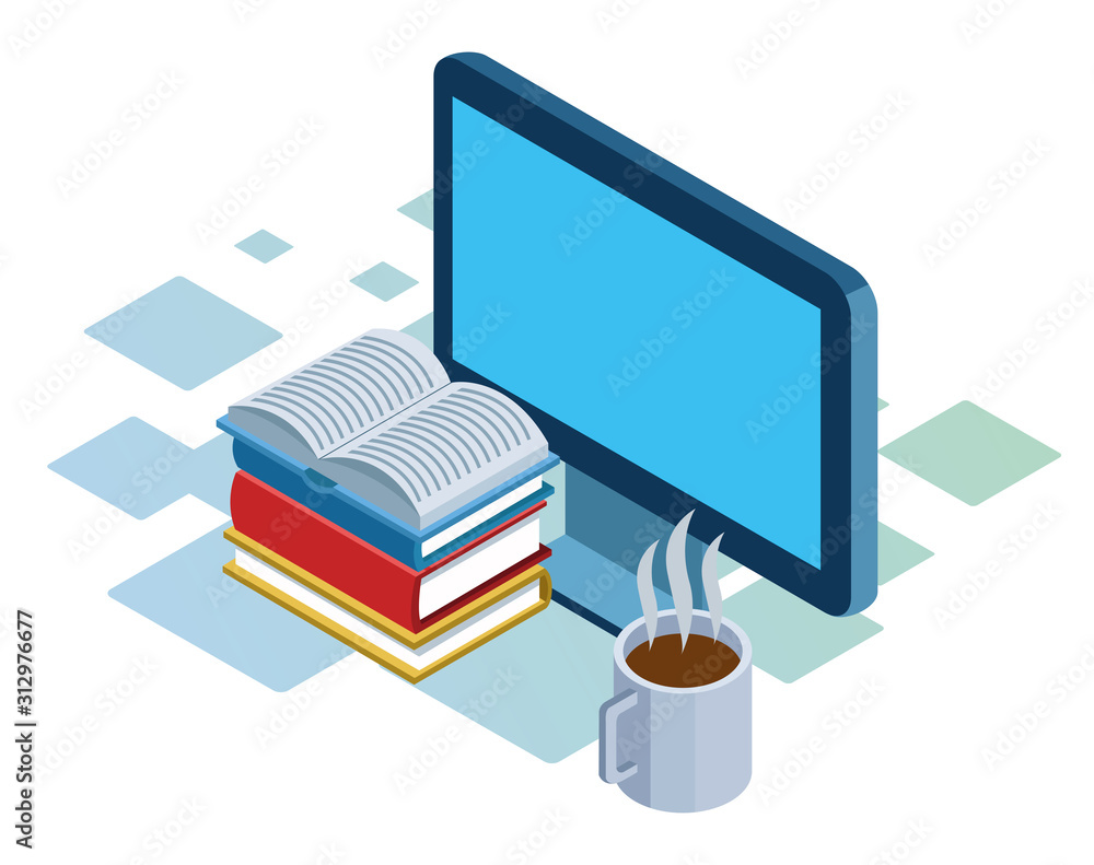 Obraz premium computer, books stack and coffee mug