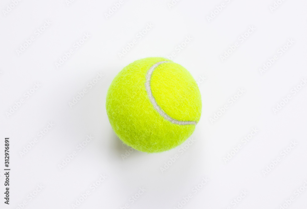 Single tennis ball isolated white background. Top view