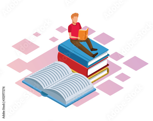 Tableau sur toile man reading a book on stack of books