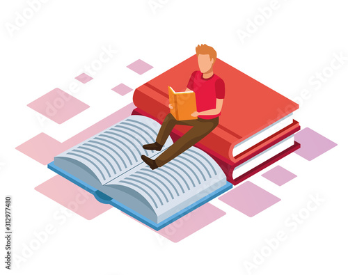isometric design of big books and man reading a book