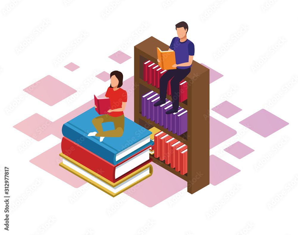 bookshelf and woman and man reading books, colorful design bookshelf and woman and man reading books, colorful design