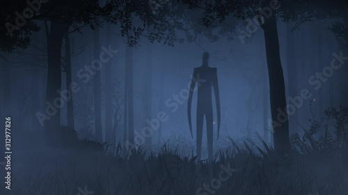 Slender Creature in Foggy Forest with Bats 4K Loop features a dark forest with a slenderman creature moving slightly with bats flying by in a loop. photo