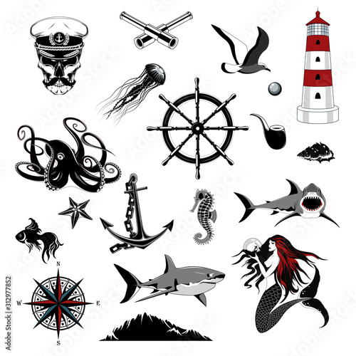 Set of marine vector images. Captain's skull, captain's hat, mermaid, helm, shark, lighthouse, wind rose, spy glasses.