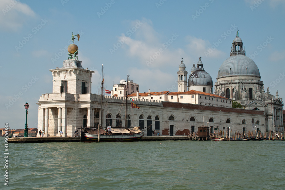 Venice, Italy: the Dogana building, (Punta della Dogana),  Church Santa Maria della Salute behind it
