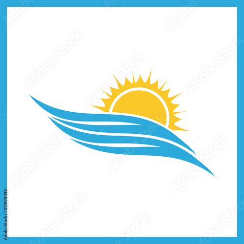 Wave and sun vector logo template. Sunset line icon. Sunrise logo.