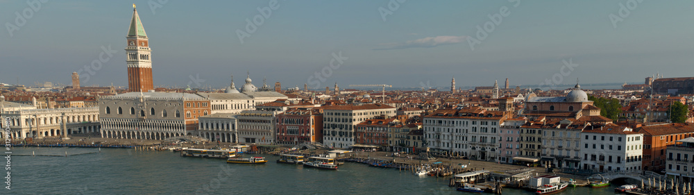 Venice, Italy: aerial view from Giudecca Canal to the Piazza San Marco with Campanile and Doge's Palace, panorama picture